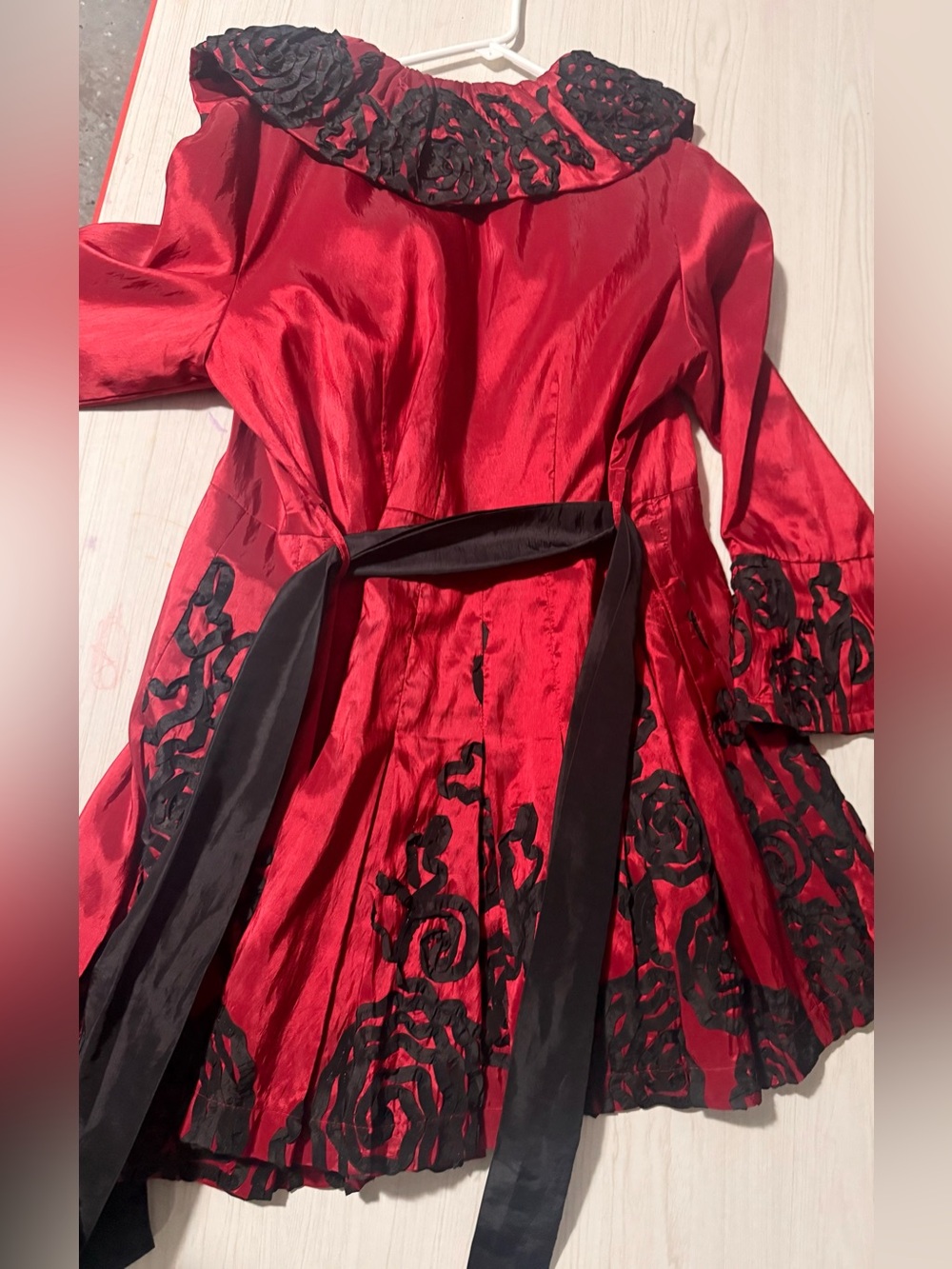 Red Satin Trench Coat with Black Floral Appliqué - Picture 2 of 4